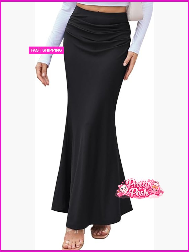 Floral Boho Maxi Skirt Elastic High Waisted Ruched Mermaid Casual Long Skirt